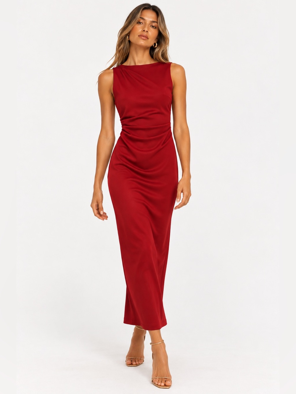 NWT Zara Elegant Red Sleeveless Ruched Maxi Dress